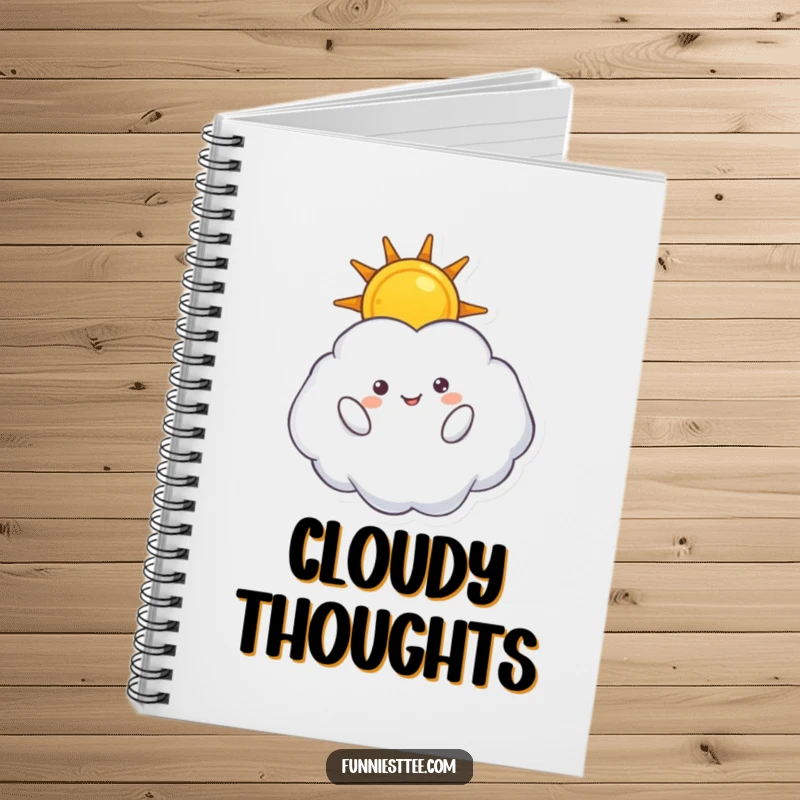 Funny notebook with a fluffy cloud character upside down, holding a sun, ideal for jotting down imaginative ideas and daily thoughts.
