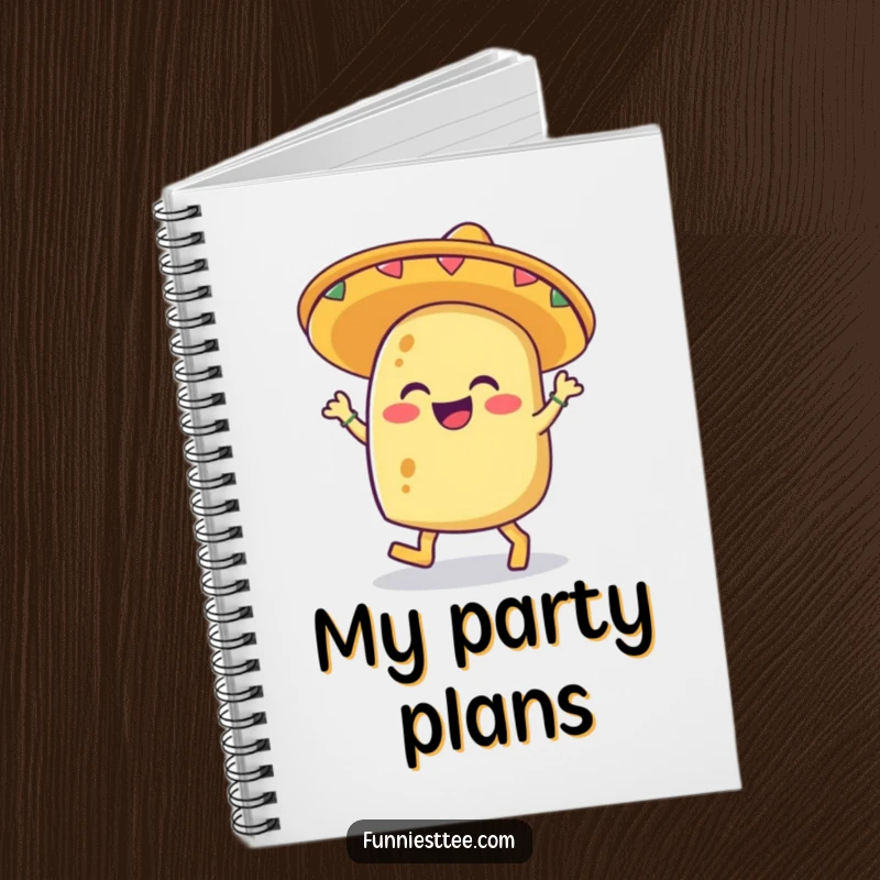Funny notebook cover with a giggling taco in a sombrero joyfully tapping its feet, ideal for notes.