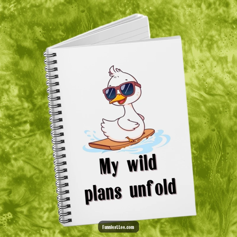 Funny goose in oversized sunglasses waterskiing backwards on a notebook, a humorous and inspiring stationery item.