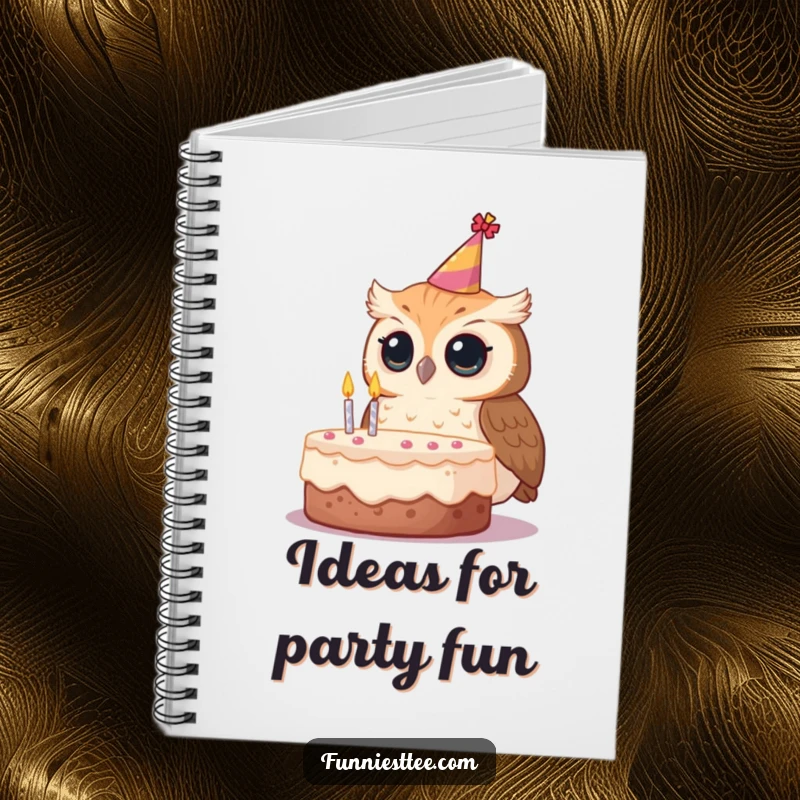 Funny owl notebook, a curious owl in a tilted party hat looking at a birthday cake.
