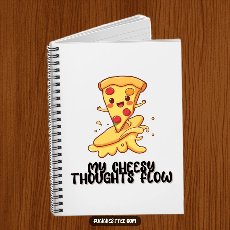 Funny notebook cover with a happy pizza slice surfing on a melting cheese wave, ideal for jotting notes with a humorous and delicious food flair.