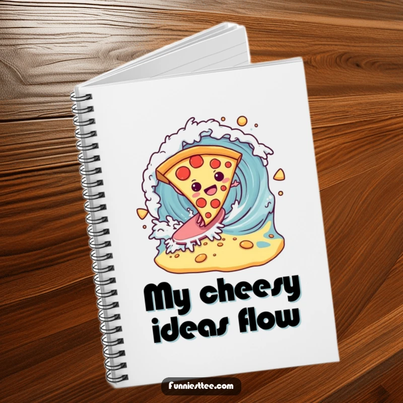 Funny determined pizza slice surfing a breaking wave of cheese on a notebook, a humorous and inspiring stationery item.
