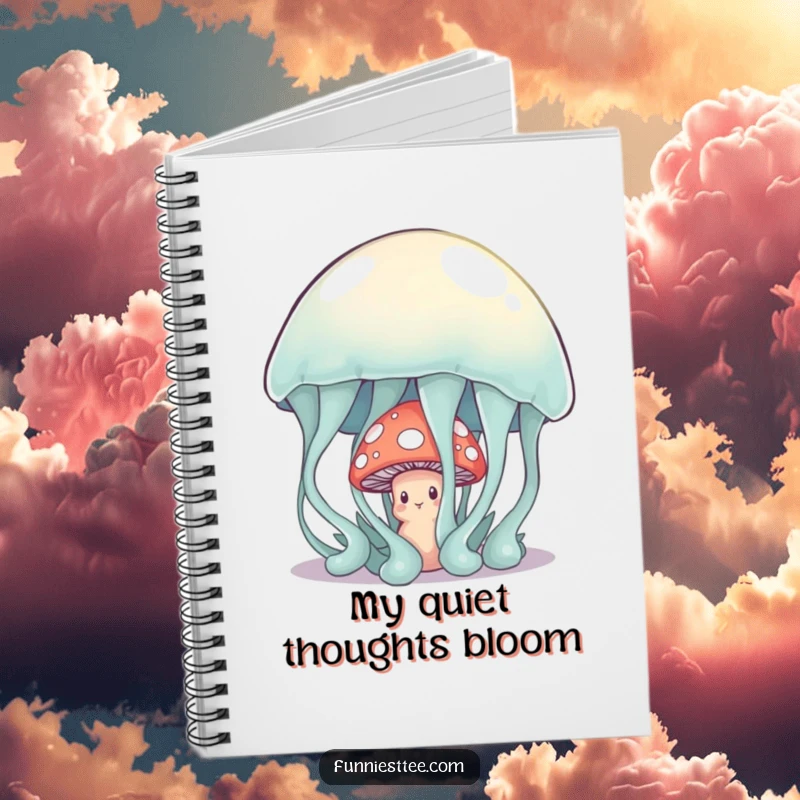 Funny shy mushroom peeking from behind a giant, wobbly jelly on a notebook, a sweet and humorous stationery item.
