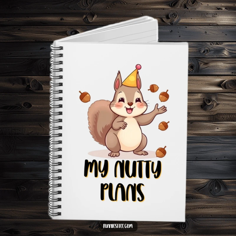 Funny notebook cover featuring a happy squirrel in a party hat, energetically juggling acorns, perfect for jotting down fun ideas.