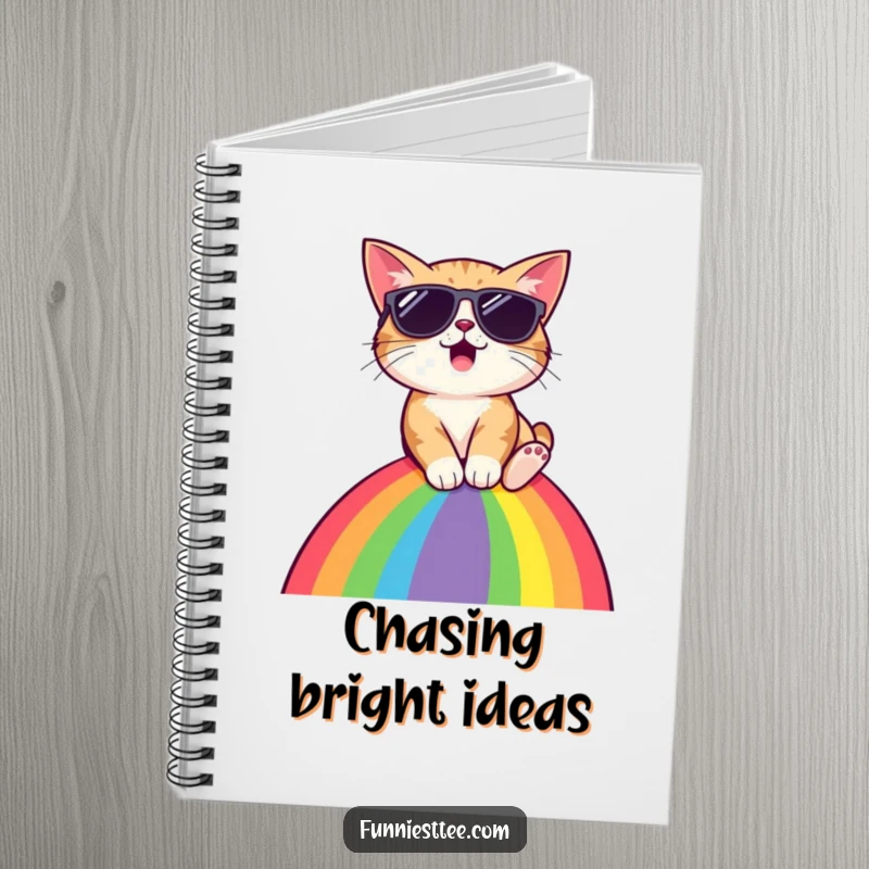 Funny cat wearing sunglasses, sliding down rainbow, ruled notebook, perfect for journaling and humor, great gift.