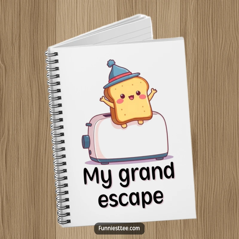 Funny Notebook cover art: a piece of toast wearing a small hat dramatically leaping from a toaster, ready for adventure.