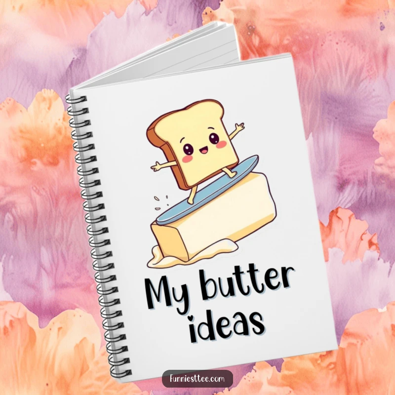 Funny notebook with a determined toast slice character surfing a large butter pat, designed for jotting down comical thoughts and ideas.