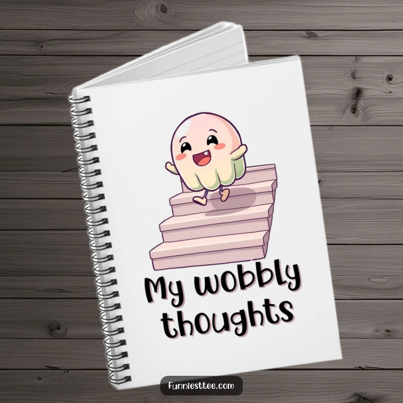 Funny notebook featuring a wobbly jelly character bouncing down stairs, designed for writing and drawing with a cheerful, humorous touch.
