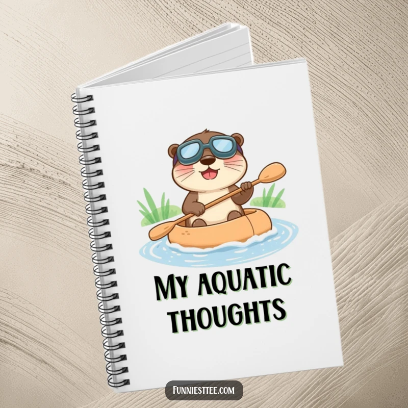 Funny notebook with a happy otter in goggles, paddling a raft down a stream, perfect for notes.