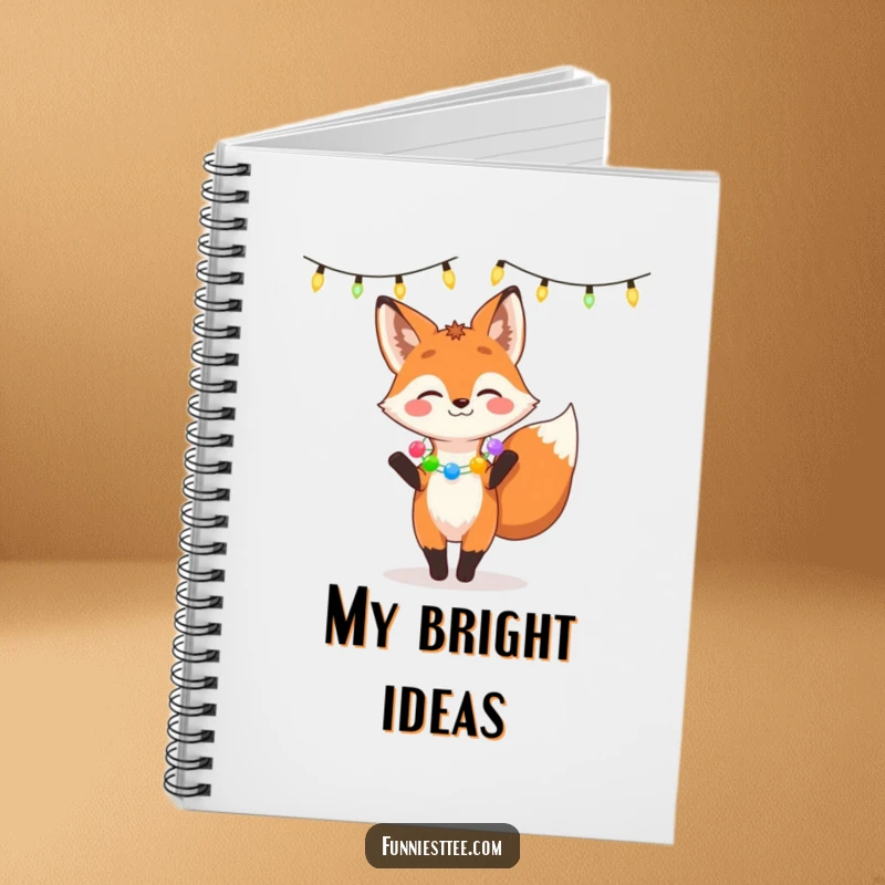 Funny notebook cover featuring a giggling fox in a garland dancing under string lights, perfect for jotting down festive and fun ideas.