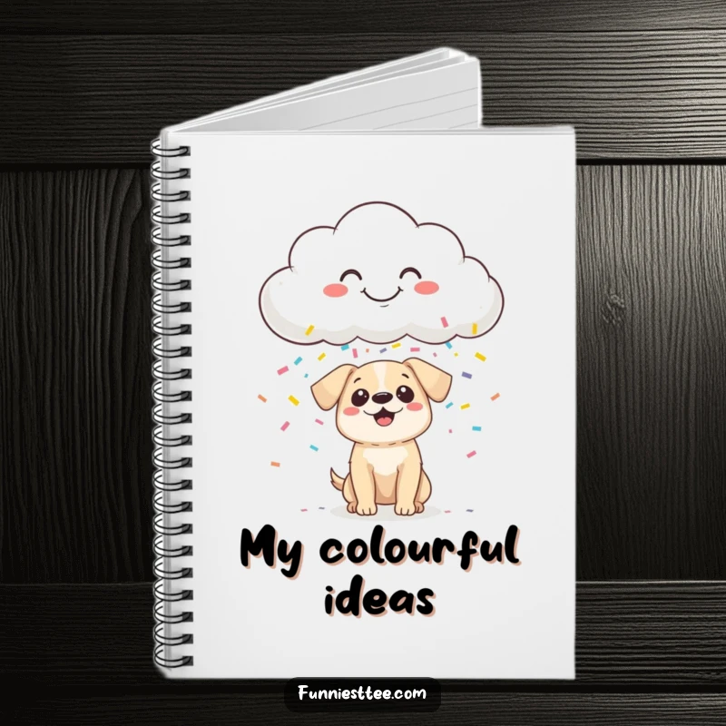 Funny Notebook cover art: a smiling cloud raining colorful confetti onto a small, surprised dog, ready for any occasion.