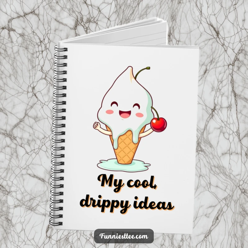 Funny ice cream notebook showing a smiling, melting cone attempting a high-five with a cherry, ideal for jotting down thoughts with sweet humor.