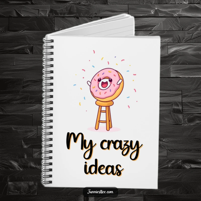 Funny notebook with a cheerful donut character falling off a stool with colorful sprinkles, ideal for notes.