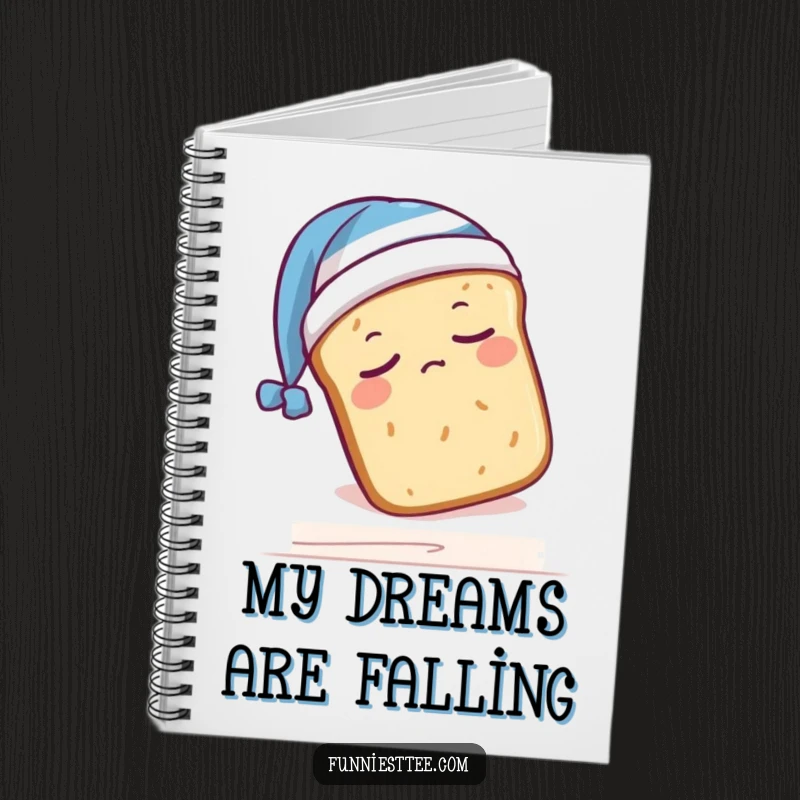 Funny notebook with a sleepy bread loaf wearing a nightcap, humorously falling off a shelf, for jotting down sleepy ideas.