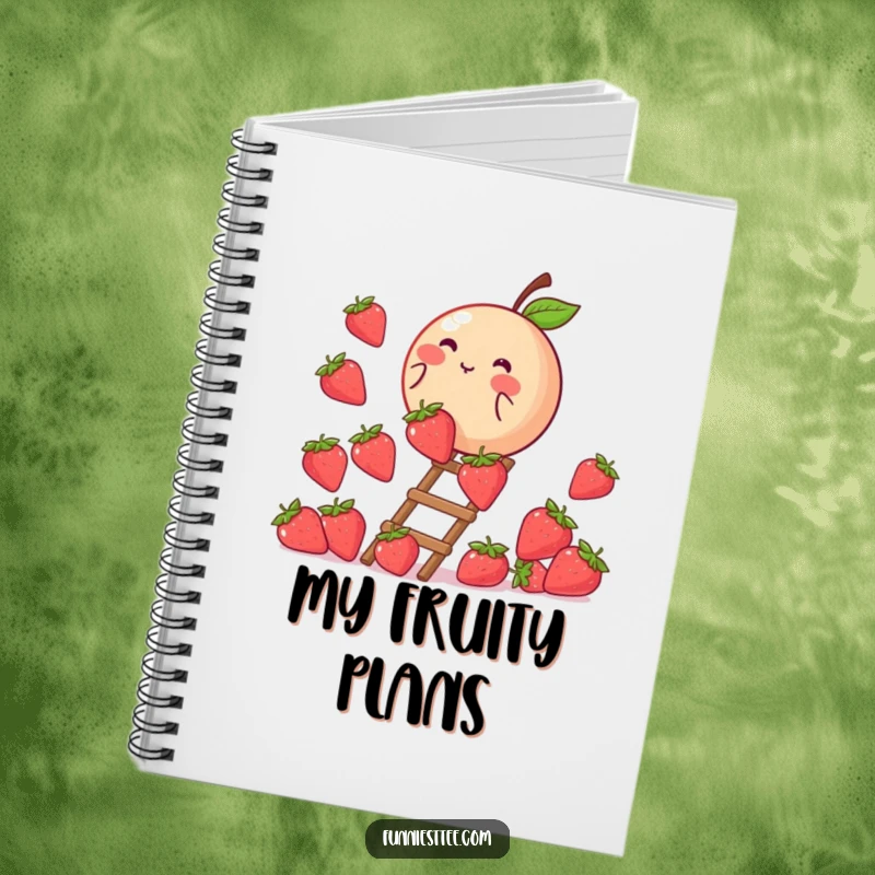 Funny notebook cover with a blushing peach climbing a strawberry ladder, perfect for journaling sweet thoughts and plans.