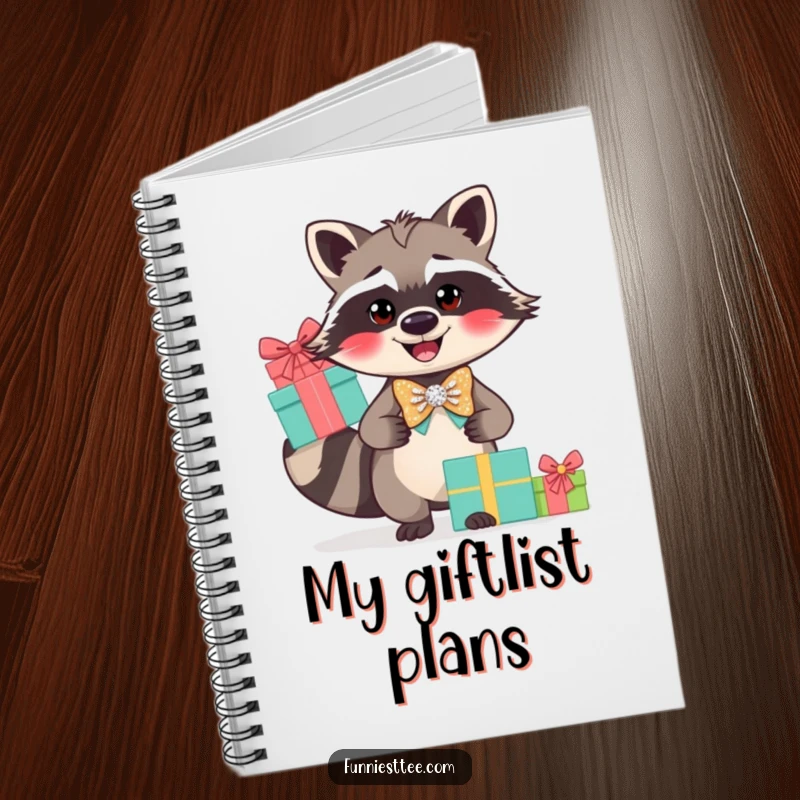 Funny raccoon notebook, a smiling raccoon in a sparkly bow tie balancing gifts, for all your notes.