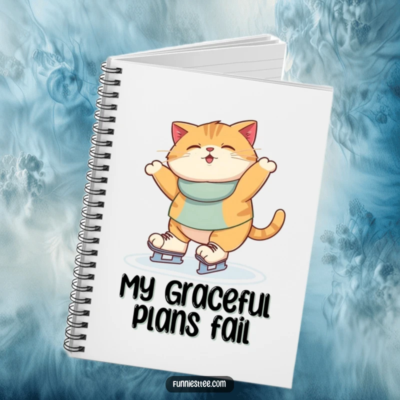 Funny Notebook cover art: a round cat trying to ice skate, its limbs akimbo, a comical look of surprise on its face.