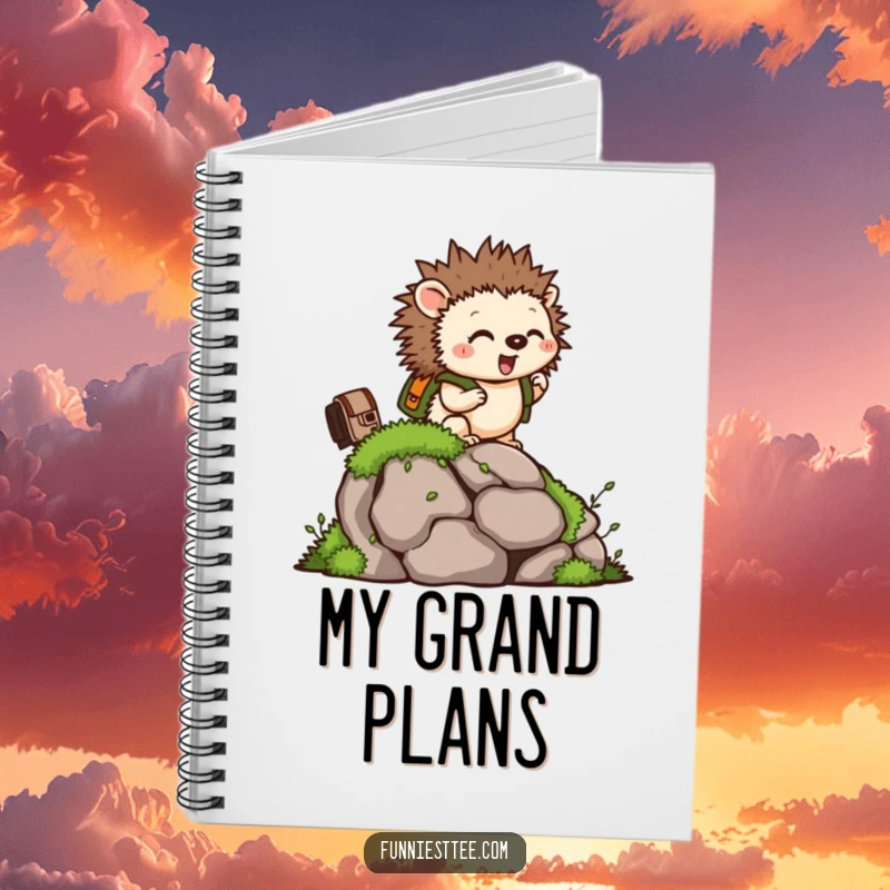 Funny notebook with a tiny hedgehog wearing a backpack, climbing a mossy rock, perfect for notes.