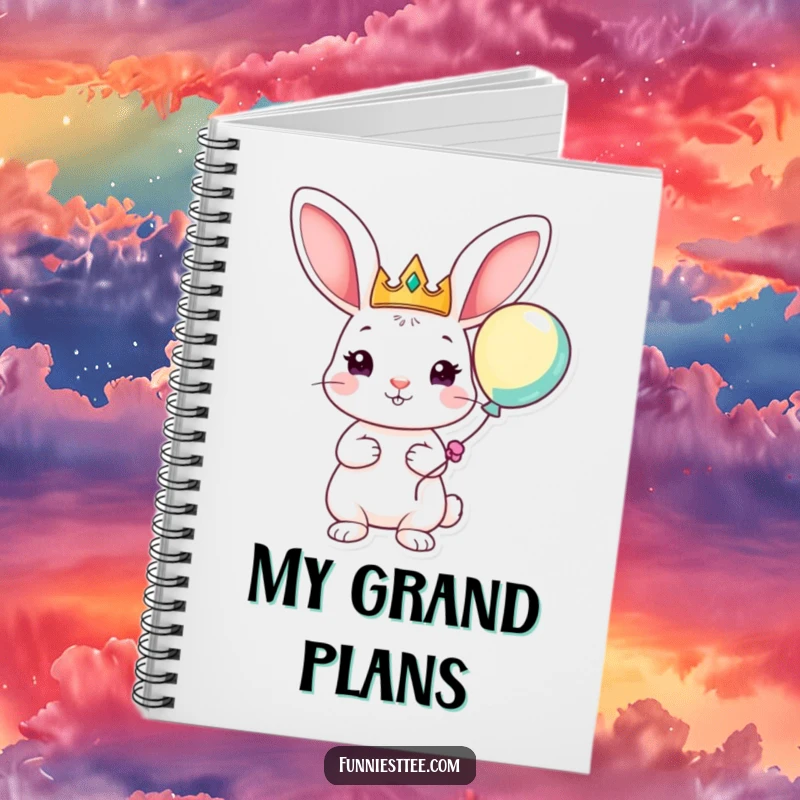 Funny notebook cover featuring a playful rabbit with a crown and balloon, perfect for jotting down royal thoughts and fun ideas.