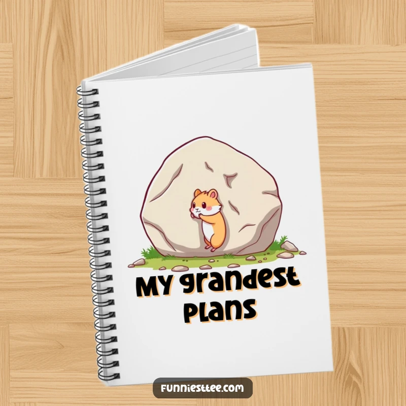 Funny notebook cover featuring a small hamster's comical struggle to move a massive boulder, for note-taking.