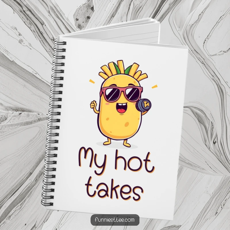 Funny potato notebook featuring a cool potato character in sunglasses holding a French fry mic, inspiring music writing.