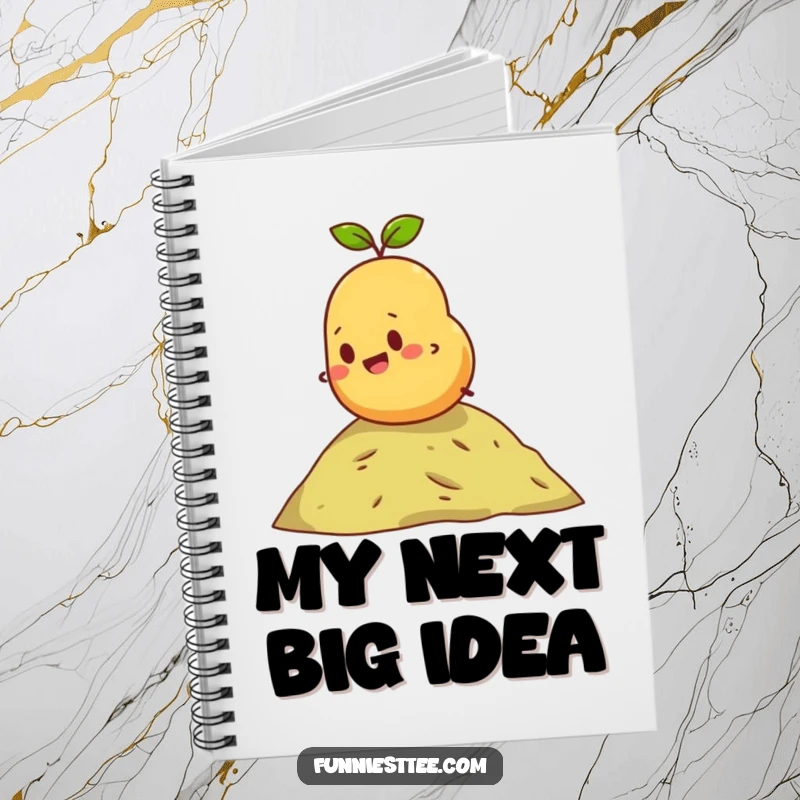 Funny notebook with a determined potato rolling downhill, perfect for capturing thoughts, plans, and humorous observations with cheerful motivation.