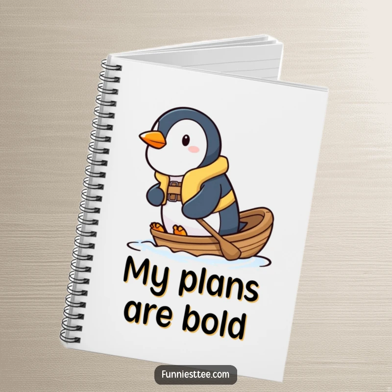 Funny penguin notebook with a determined penguin wearing a life vest, paddling a small boat, ideal for notes.
