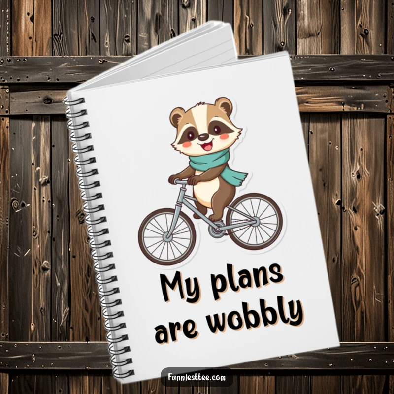 Funny badger notebook with a cheerful badger wearing a scarf, riding a bicycle with large, wobbly wheels, ideal for notes.