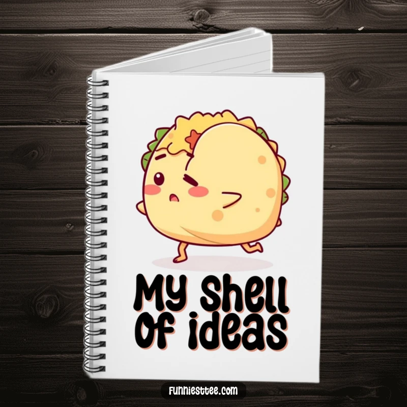 Funny notebook featuring a determined taco character tripping over its shell, designed for writing and drawing with a humorous, ambitious touch.
