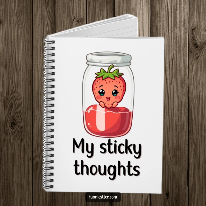Funny notebook with a cheerful strawberry character stuck in a jam jar, looking surprised, for jotting down sweet ideas.