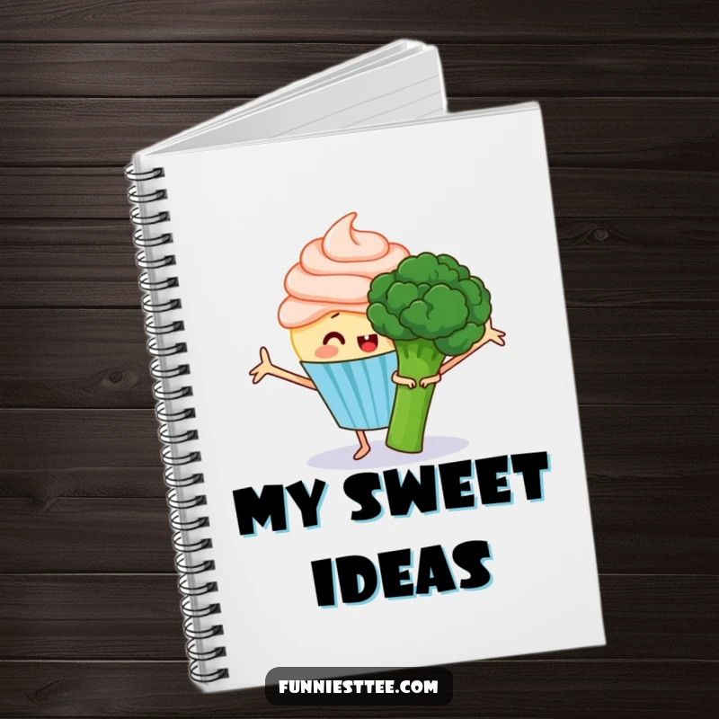 Funny notebook with a happy cupcake with frosting arms outstretched, attempting to hug a grumpy broccoli, for jotting down sweet ideas.