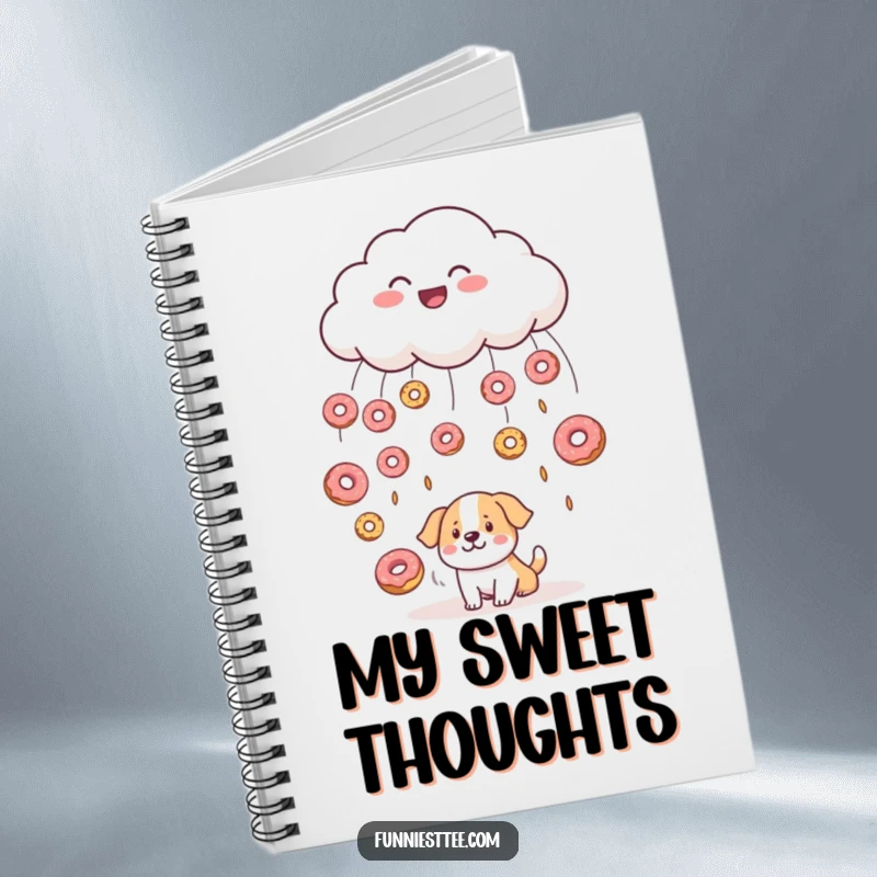 Funny notebook cover with a smiling cloud raining donuts onto a bewildered dog, a delightful and humorous design for note-taking enthusiasts.