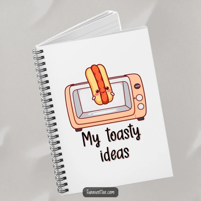 Funny hot dog notebook featuring a joyful hot dog popping out of a toaster oven, perfect for hilarious note-taking for food lovers.