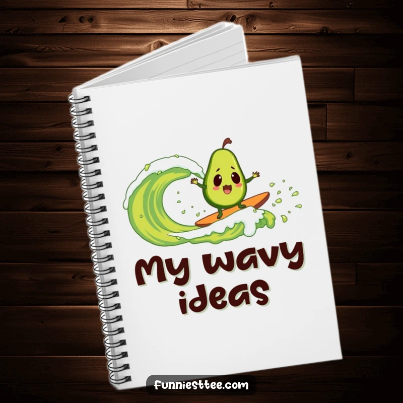 Funny notebook cover with a surprised avocado riding a massive guacamole wave, perfect for sketching funny ideas and notes.