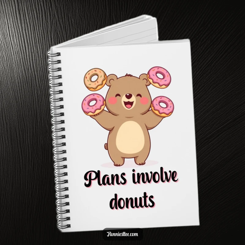 Funny bear juggling donuts, oversized treats, ruled notebook, perfect for journaling and humor, great gift.