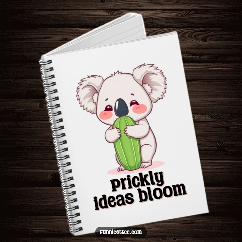 Funny koala notebook with a cover showing a koala enthusiastically hugging a cactus, ideal for hilarious note-taking and journaling.