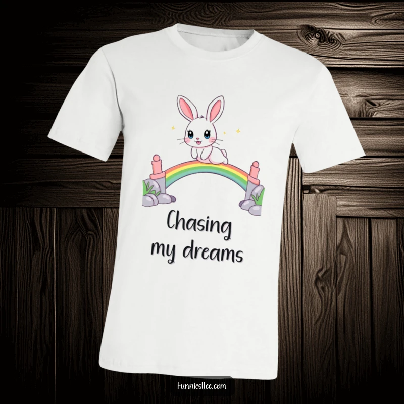 Funny t-shirt with a playful rabbit, sparkling eyes, leaping over a vibrant rainbow bridge, symbolizing happiness.