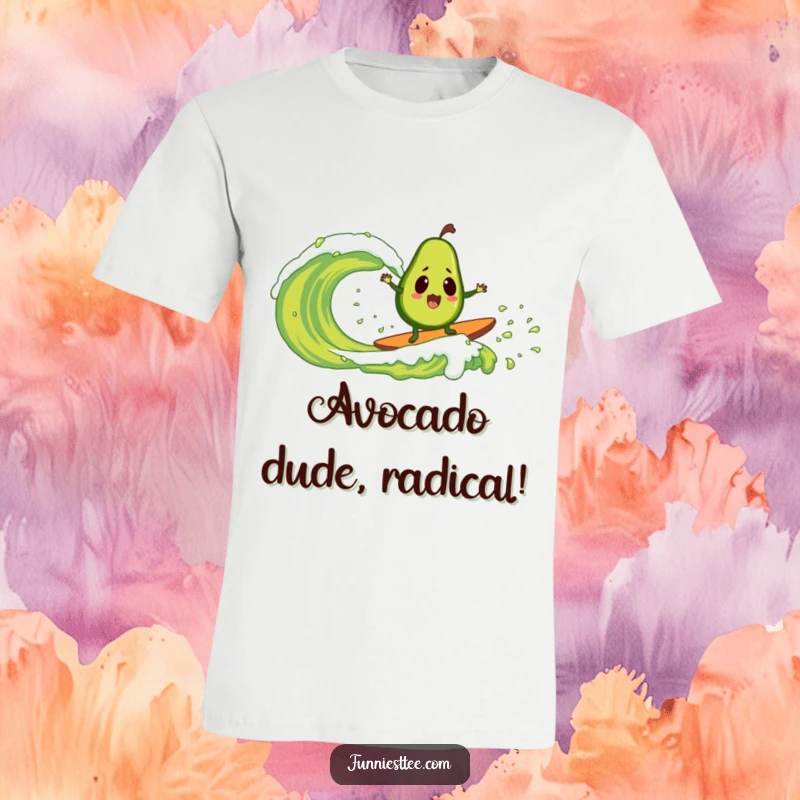Funny t-shirt design of a startled avocado riding a huge wave of creamy guacamole, expressing epic surf adventure and humor.