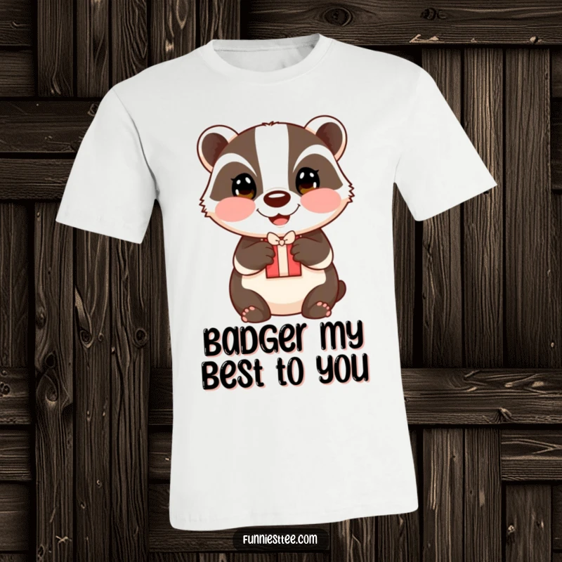 Funny badger gift t-shirt, a happy badger with rosy cheeks offering a small gift.