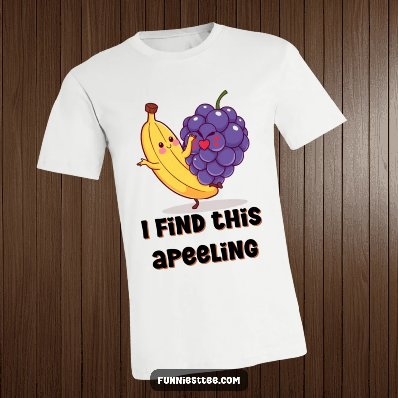 Funny t-shirt showing a wildly dancing banana mid-slip on a small, treacherous grape, a scene of hilarious, fruity catastrophe.