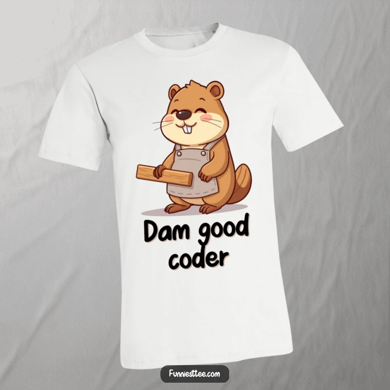 Funny beaver coder wearing an apron, constructing a website with wood planks, on a comfortable t-shirt.