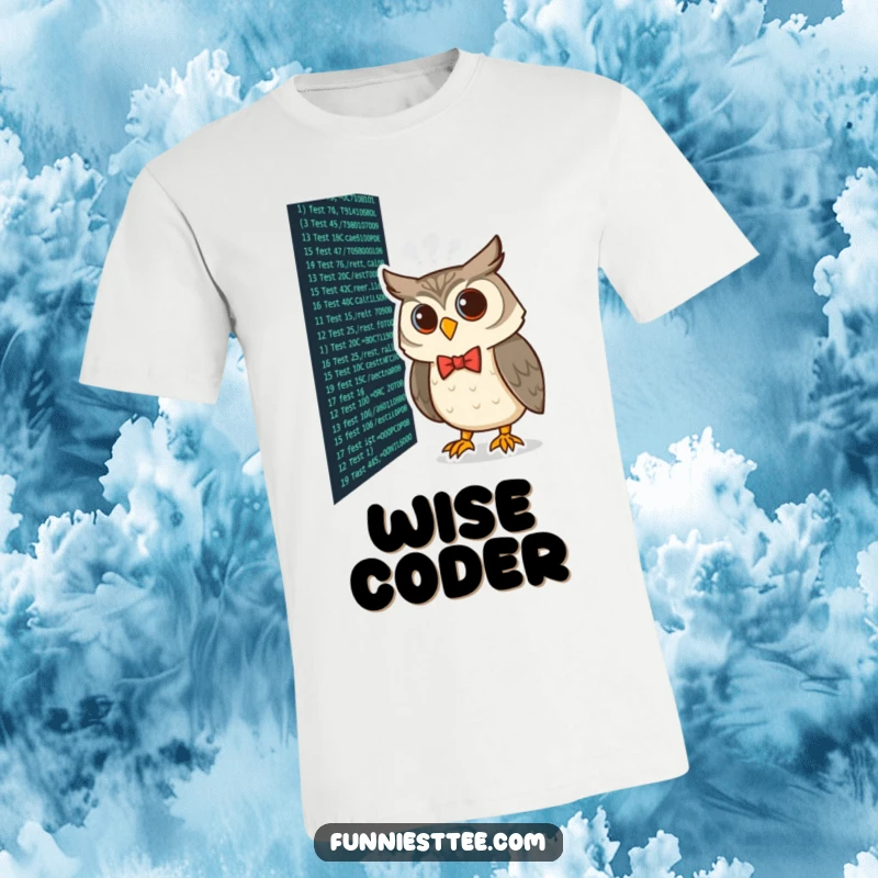 Funny curious owl wearing a bow tie peering at lines of code on a screen, coding humor on a t-shirt.