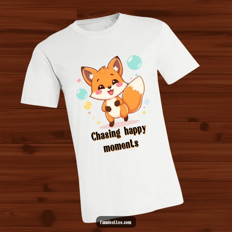 Funny t-shirt featuring a happy fox with a wagging tail, enthusiastically chasing iridescent bubbles at a festive party.