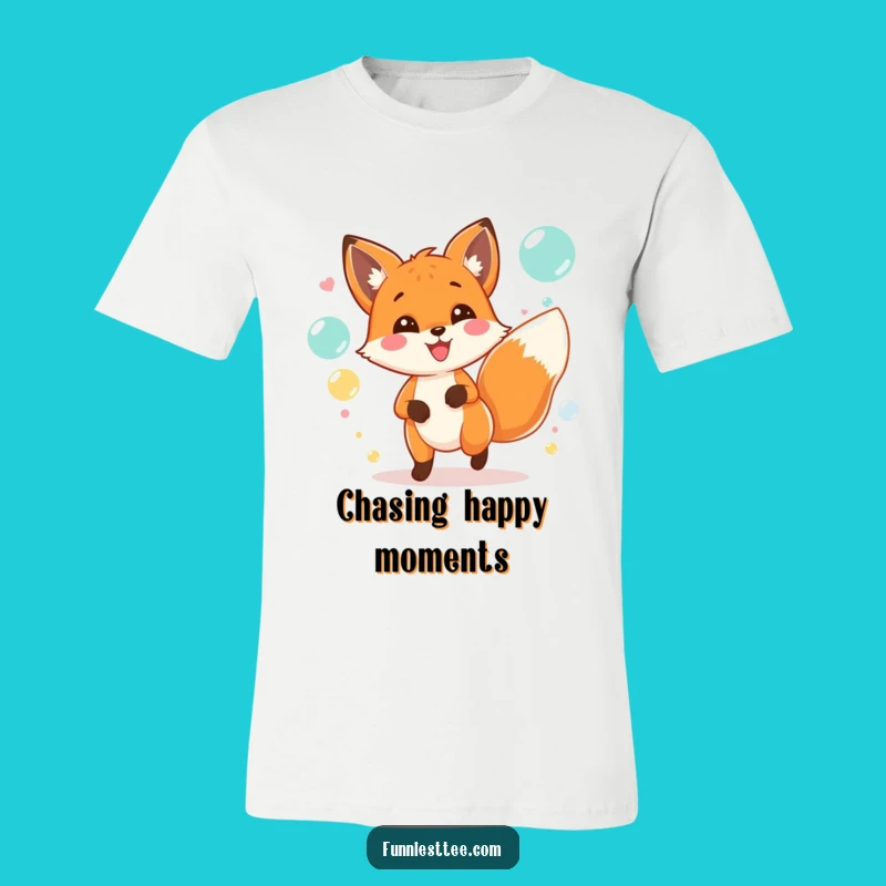 Funny Fox Party T-Shirt: Cheerful Character Chasing Bubbles Tee