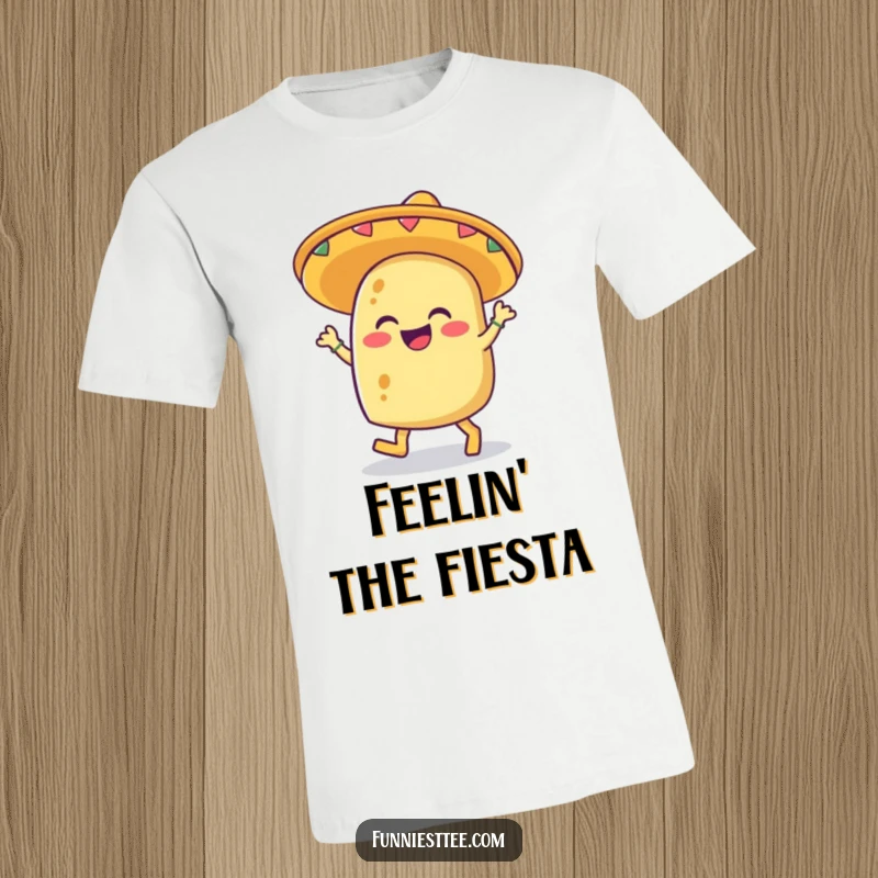 Funny t-shirt graphic of a smiling taco in a sombrero, enthusiastically tapping its feet in celebration mode.