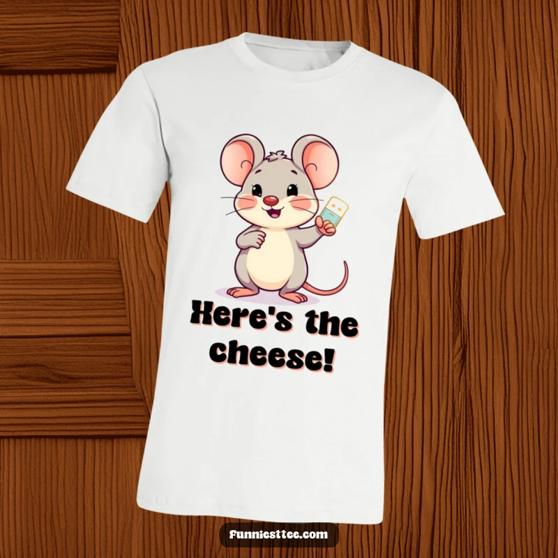Funny cheerful mouse holding a glowing USB drive, pointing encouragingly at a screen, printed on a comfortable t-shirt.