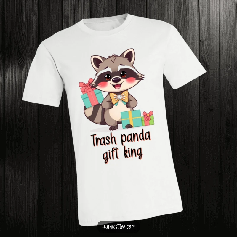 Funny raccoon bow tie t-shirt, a smiling raccoon in a sparkly bow tie balancing gifts.