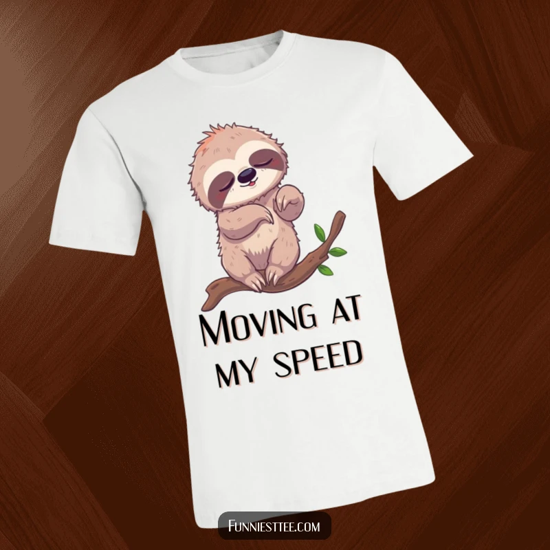 Funny t-shirt featuring a sleepy sloth comically tangled in its limbs while attempting to breakdance on a tree branch, a master of slow motion.