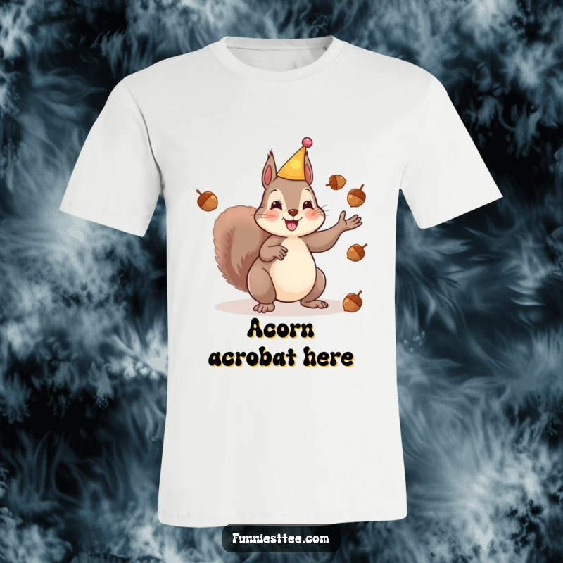 Funny t-shirt of a happy squirrel wearing a party hat and energetically juggling acorns, capturing a moment of pure, chaotic celebration.