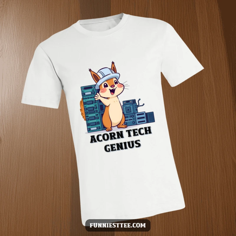 Funny squirrel in a hard hat excitedly gesturing towards a tower of circuit boards, tech humor on a t-shirt.
